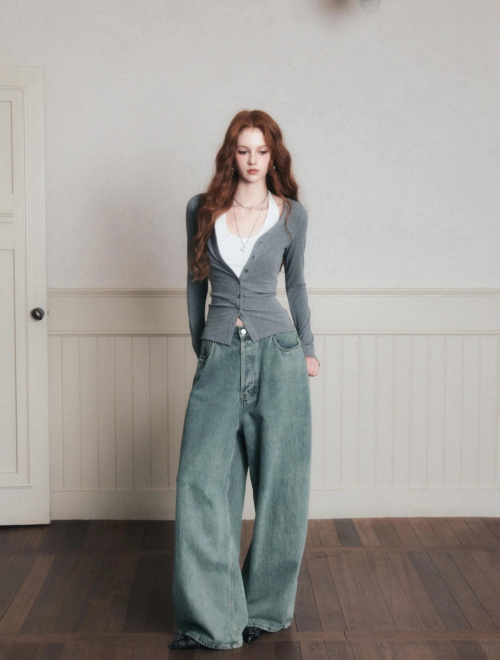 Gray ruched layered knit cardigan and white halter top set for Acubi streetwear styling