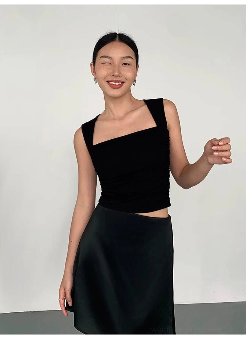 Ruched square neck cropped tank top Korean streetwear product image in a clean minimalist style