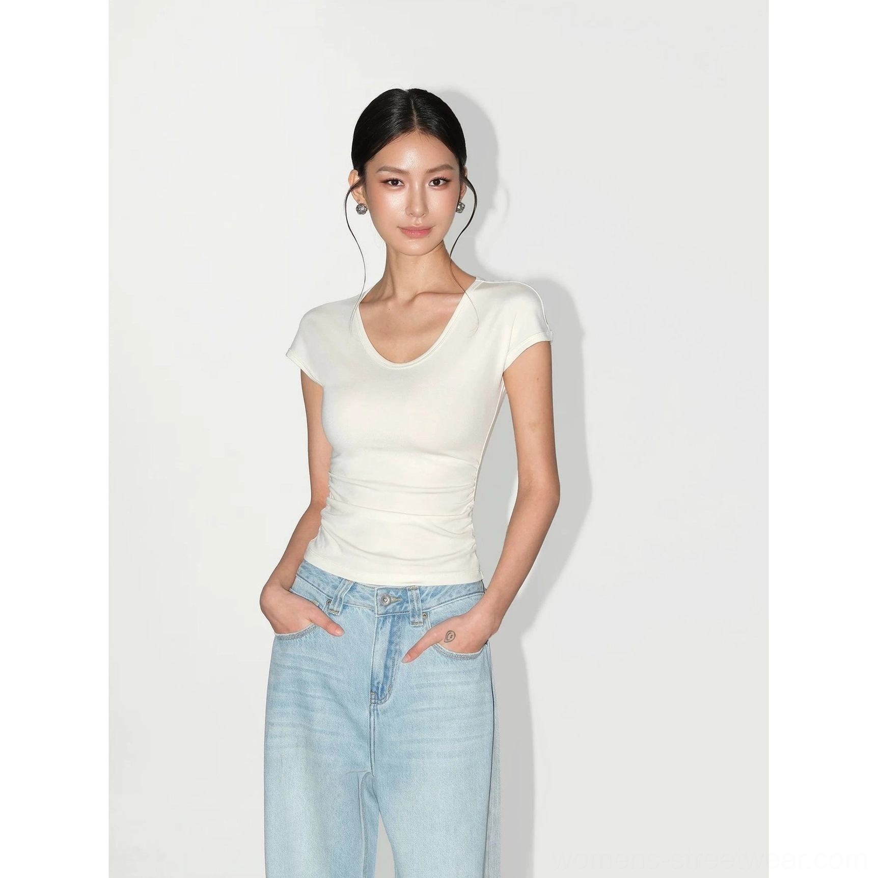 Beige ruched V-neck sculpting knit baby tee for women with a soft slim-fit streetwear silhouette