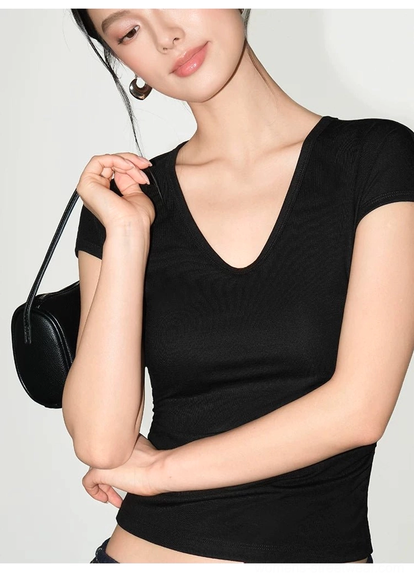 Women's ruched V-neck sculpting knit baby tee with short cap sleeves and a contoured waist