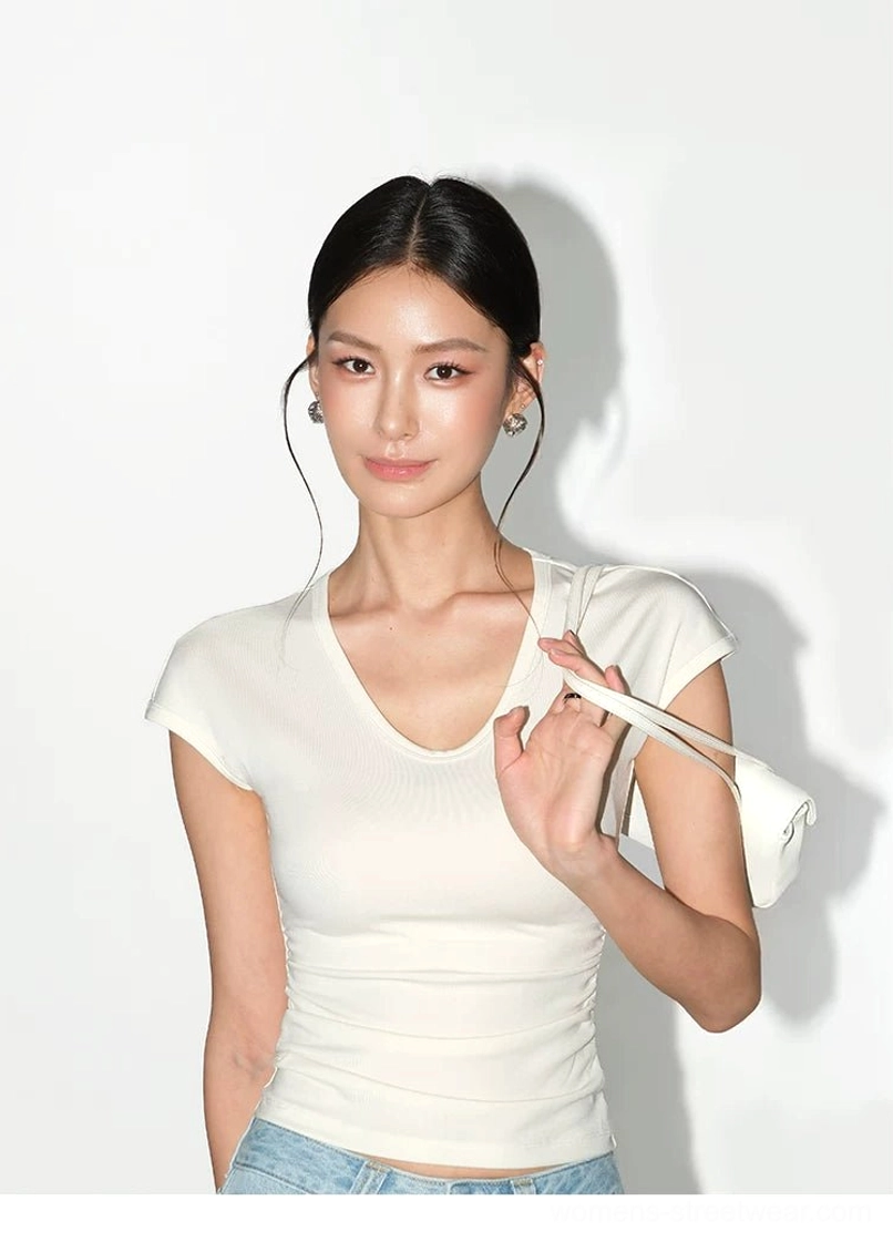 Women's sculpting ruched V-neck baby tee with a clean fitted Korean streetwear silhouette