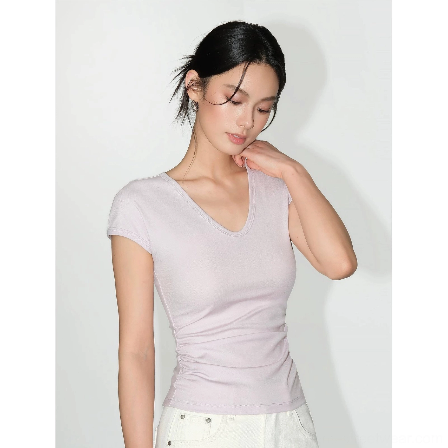 Ruched V-neck sculpting knit baby tee for women with smooth lyocell blend fabric and cap sleeves