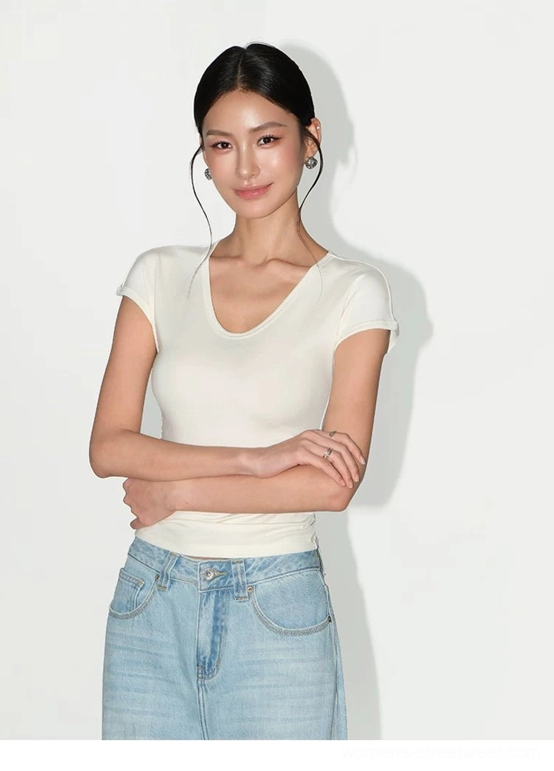 Ruched V-neck slim-fit knit tee for women showing the smooth soft lyocell stretch fabric