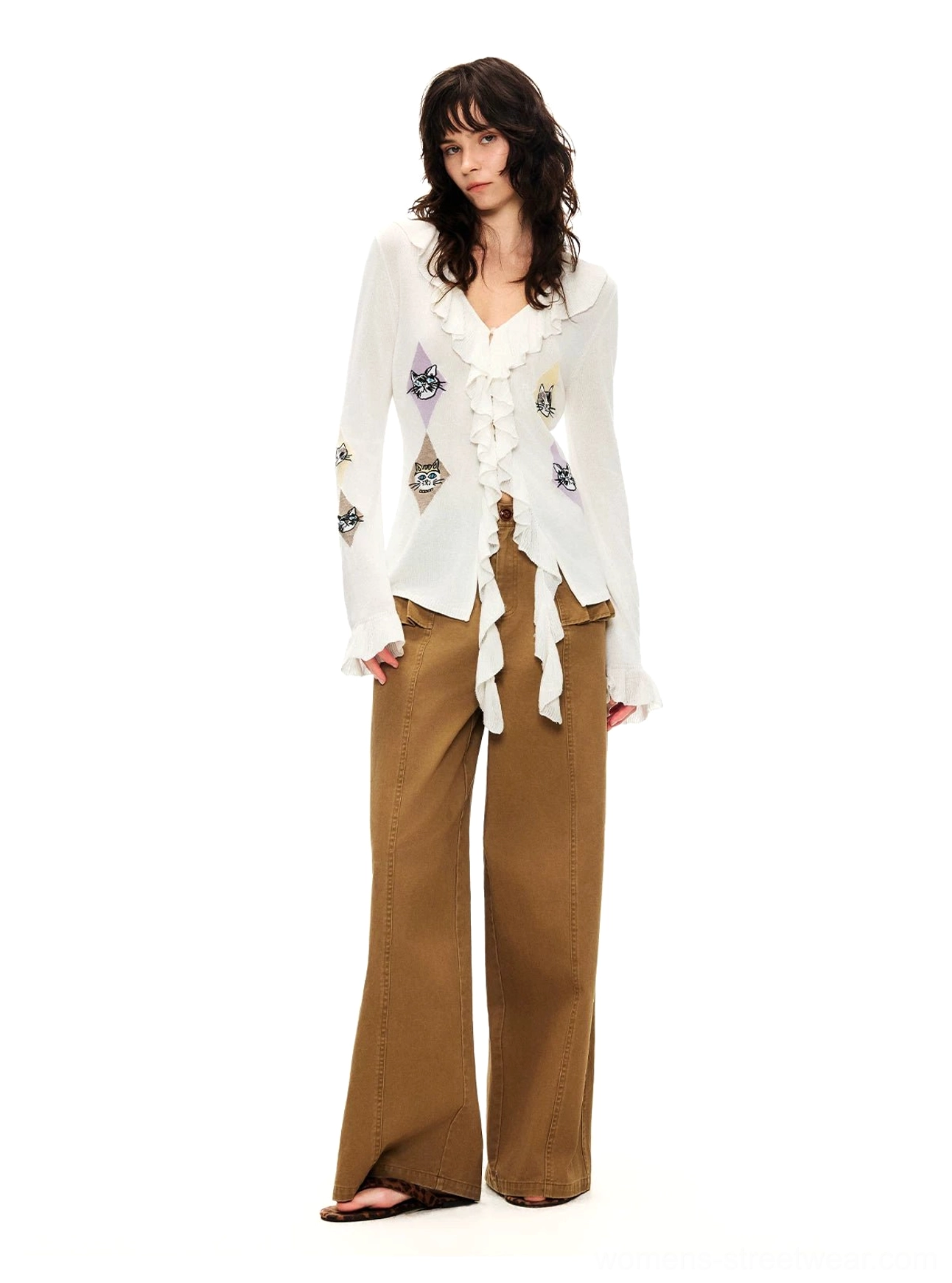 Ruffled kitty argyle sheer knit cardigan blouse in silk white with romantic V-neck ruffle and playful cat diamond pattern