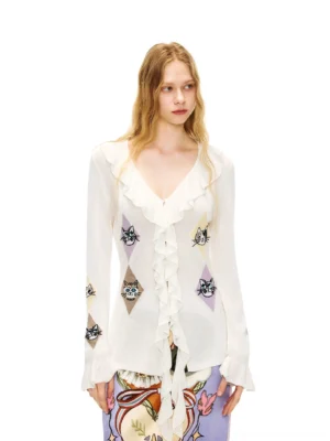 Ruffled kitty argyle sheer knit cardigan blouse in silk white, front full-body studio view showing ruffled V-neck and slim flared silhouette
