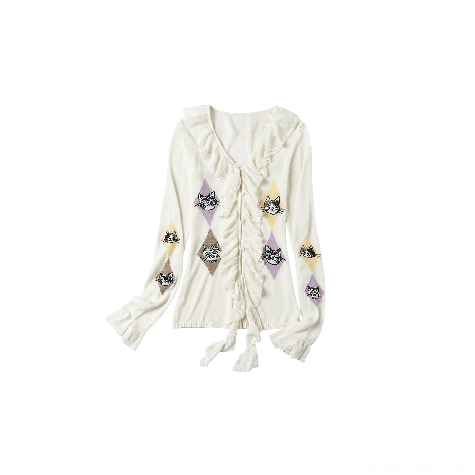 Ruffled kitty argyle sheer knit cardigan blouse in silk white, showcasing the romantic slim-fit Korean fashion design