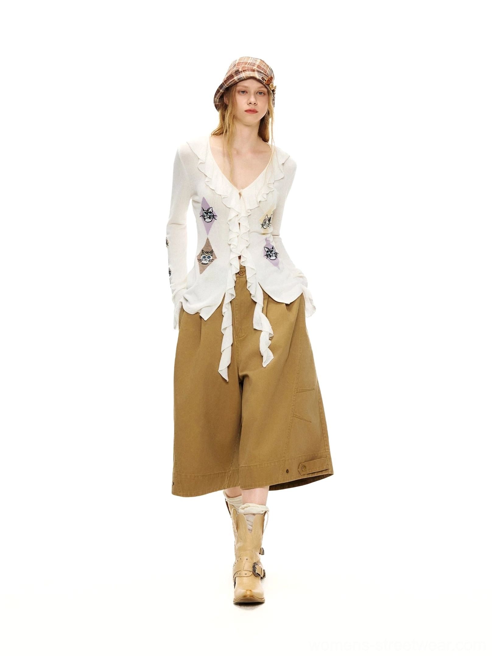 Ruffled kitty argyle sheer knit cardigan blouse paired with brown wide-leg trousers, knit beret and ankle boots for Korean streetwear styling