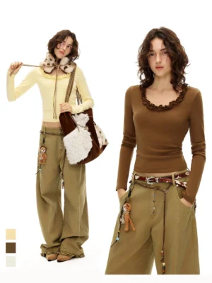 Ruffled scoop neck slim long sleeve knit tops in warm brown, yellow, and neutral streetwear colorways