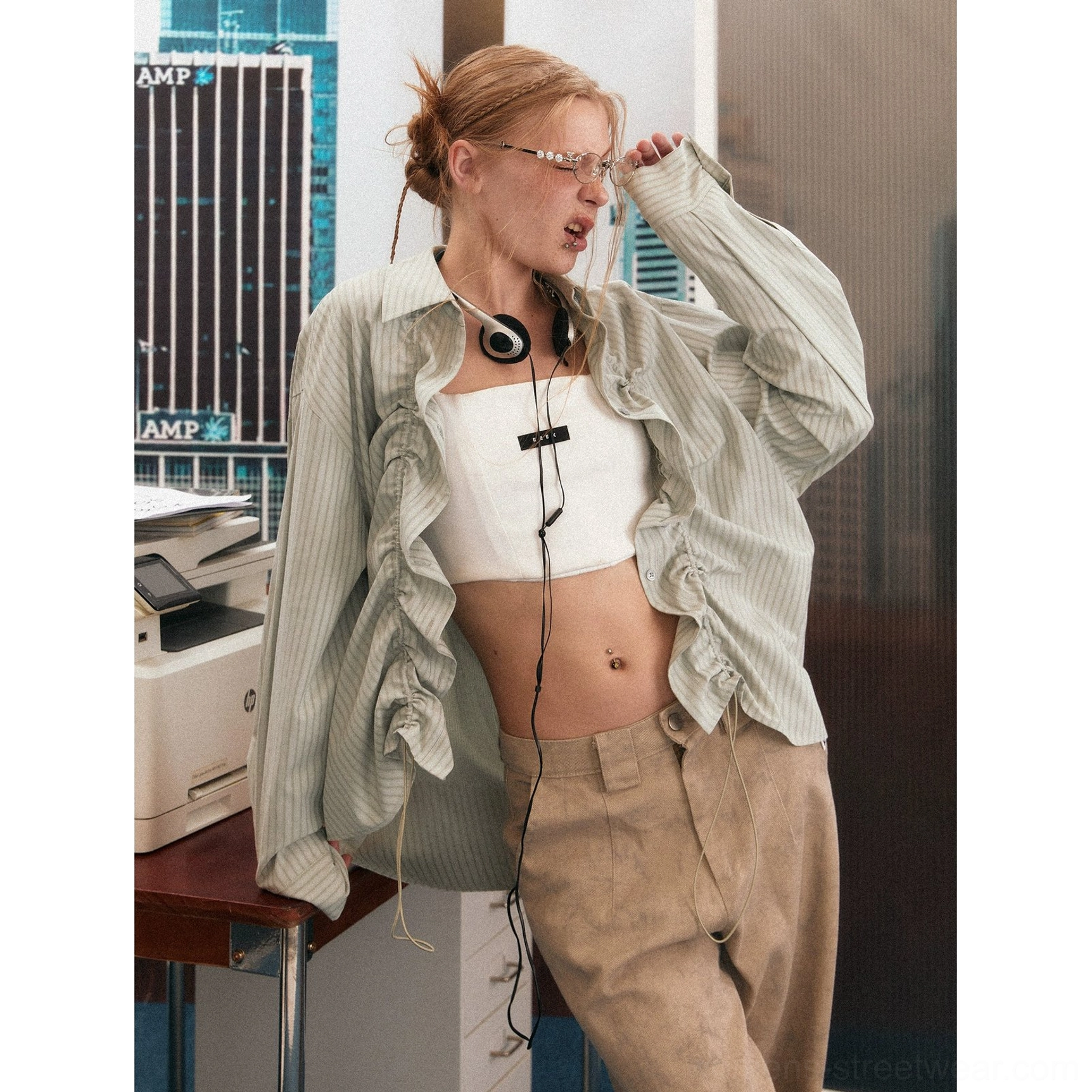 Women's ruffled striped oversized shirt with adjustable drawstring styling for Acubi and Seoul streetwear outfits