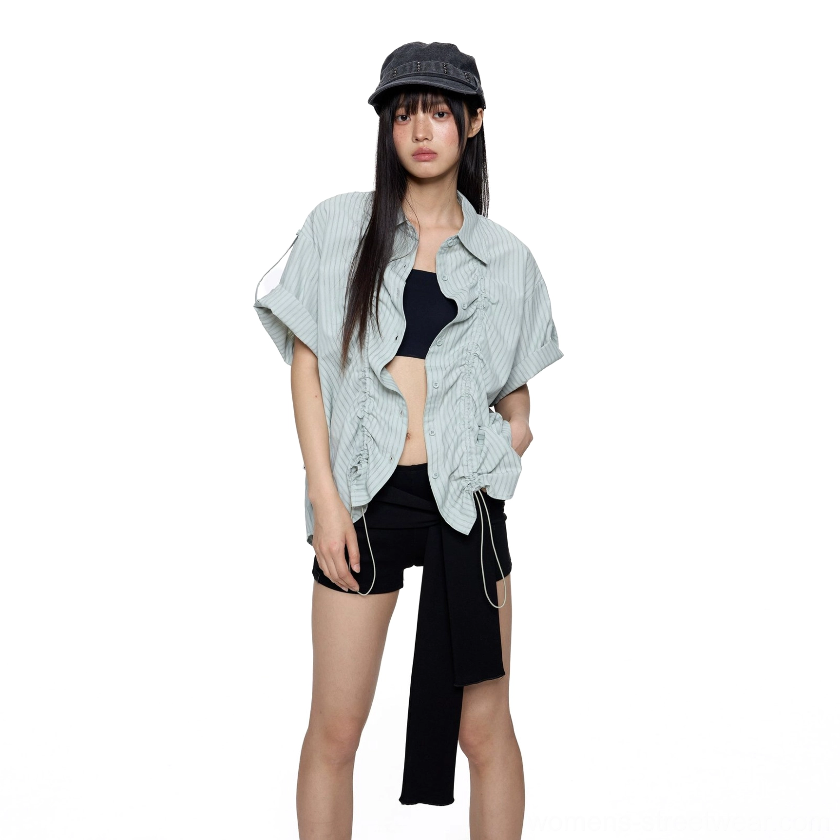 Light teal striped cropped short sleeve ruffled oversized shirt styled with a black bandeau and black hot shorts