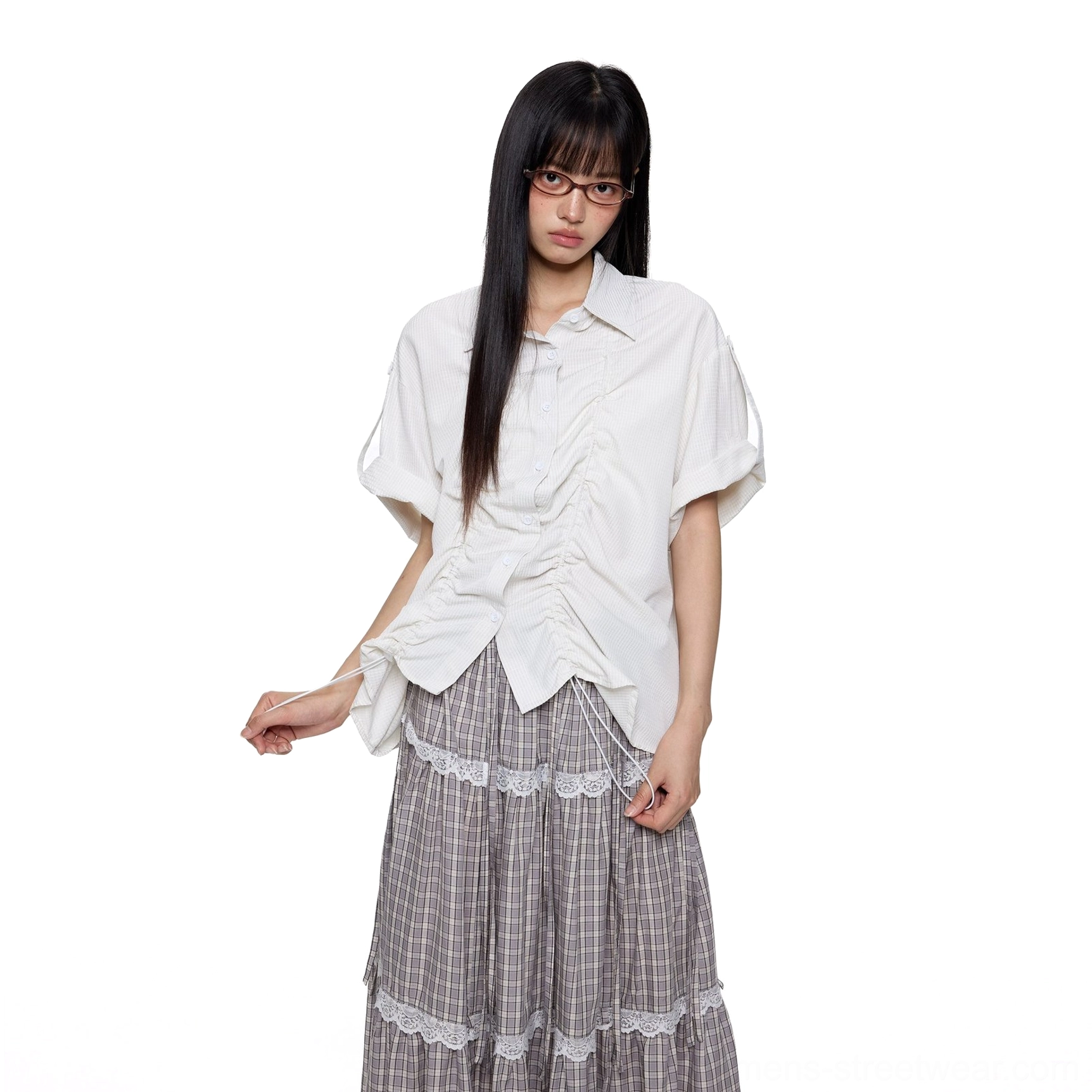 Solid white cropped short sleeve ruffled oversized shirt styled with a lace trim plaid midi skirt