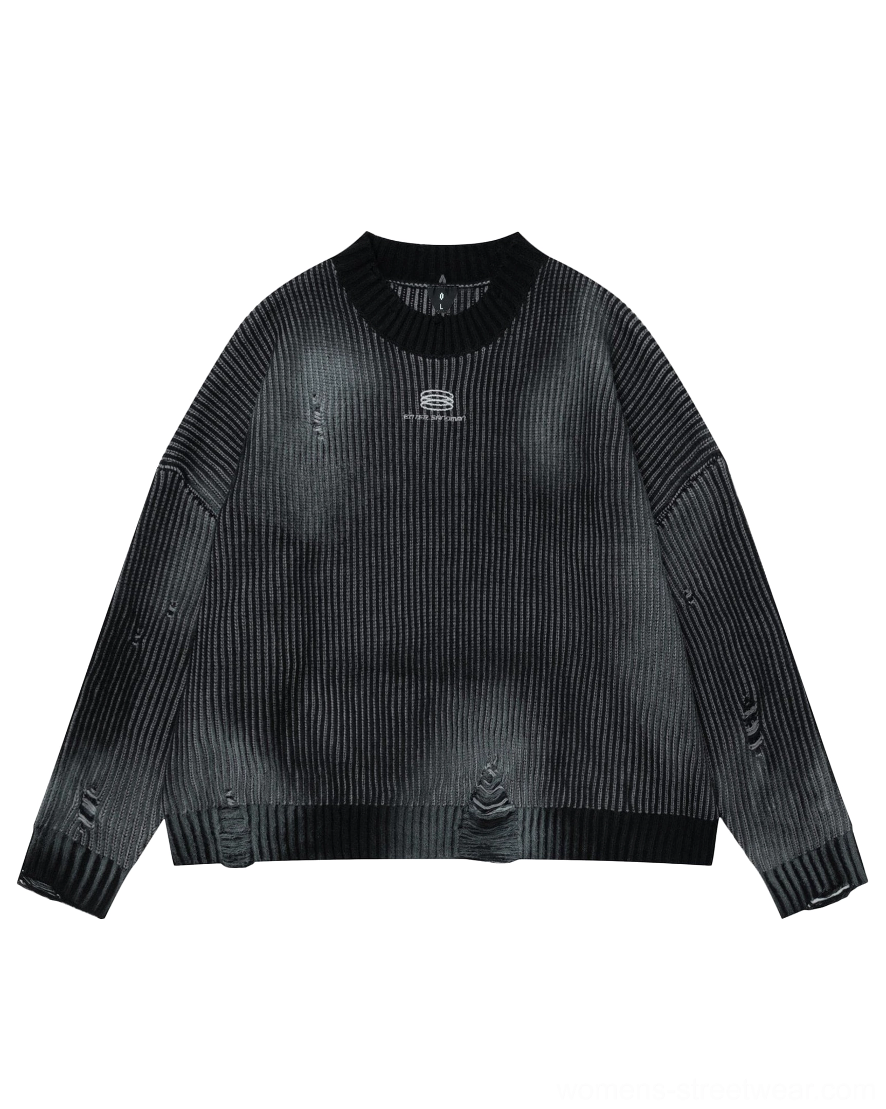 Sage gray distressed ribbed logo sweater with muted color palette and relaxed East Asian streetwear aesthetic