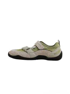 Sage green and light gray Mary Jane trail sneakers with double Velcro straps and a thick rounded rubber outsole shown in side view
