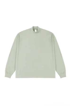 Sage green oversized mock neck long sleeve T-shirt with relaxed Korean fashion streetwear fit