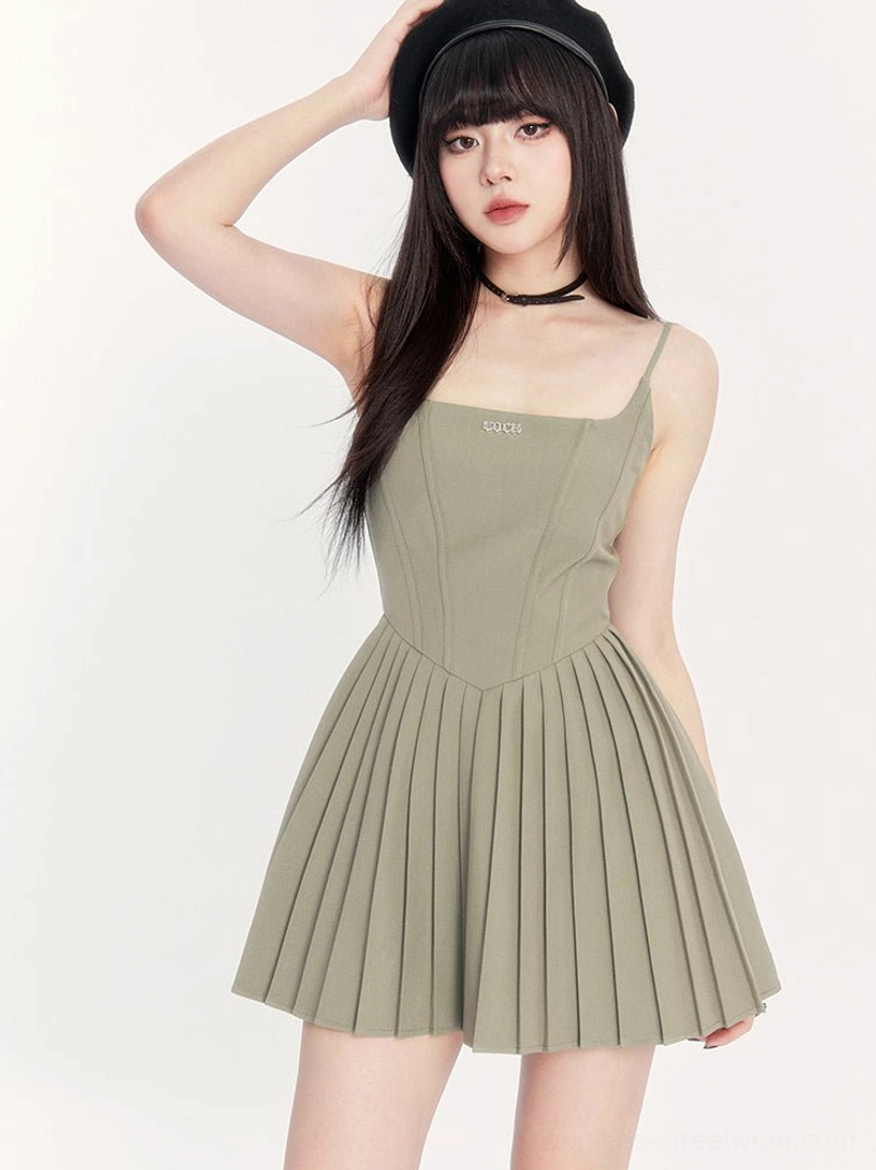 Sage green gothic pleated cami mini dress with spaghetti straps fitted corset bodice and flared pleated skirt
