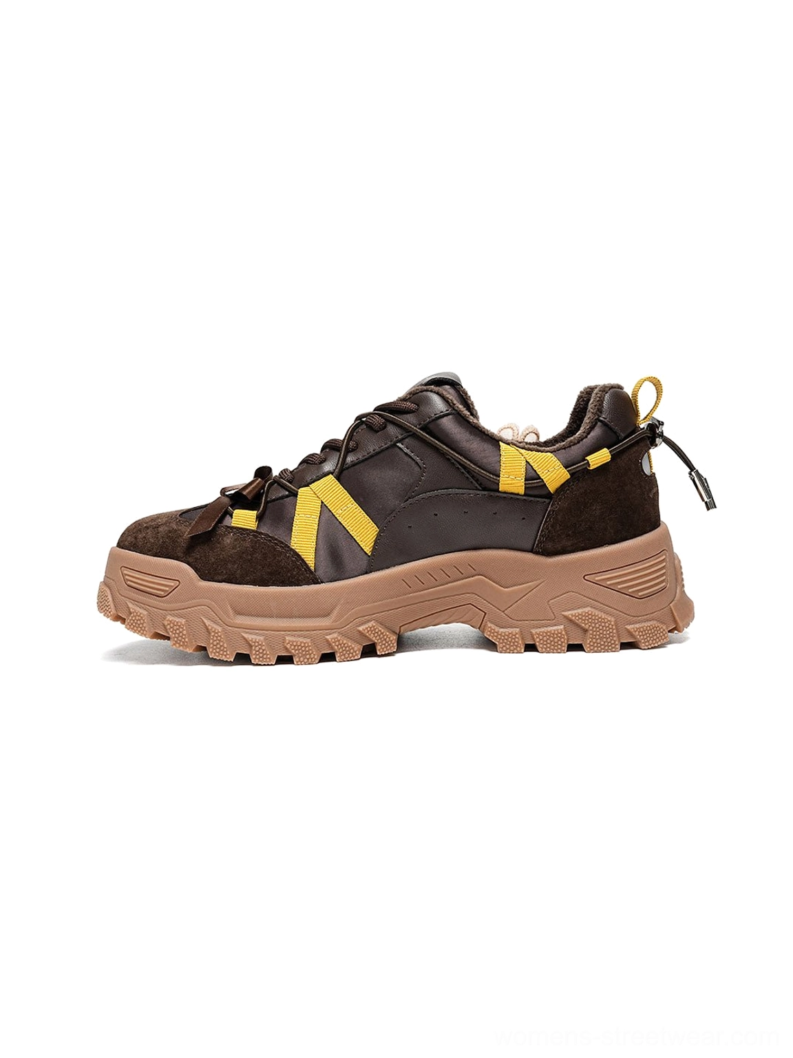 Coffee sakura plush chunky trail sneakers with warm brown tone floral lace decorations technical layered upper and rugged deep lug outsole