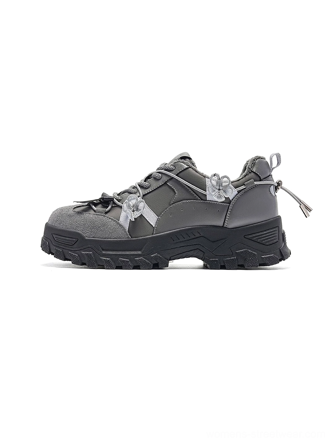 Dark grey sakura plush chunky trail sneaker with mixed suede and smooth leather upper decorative floral laces and black rugged outsole