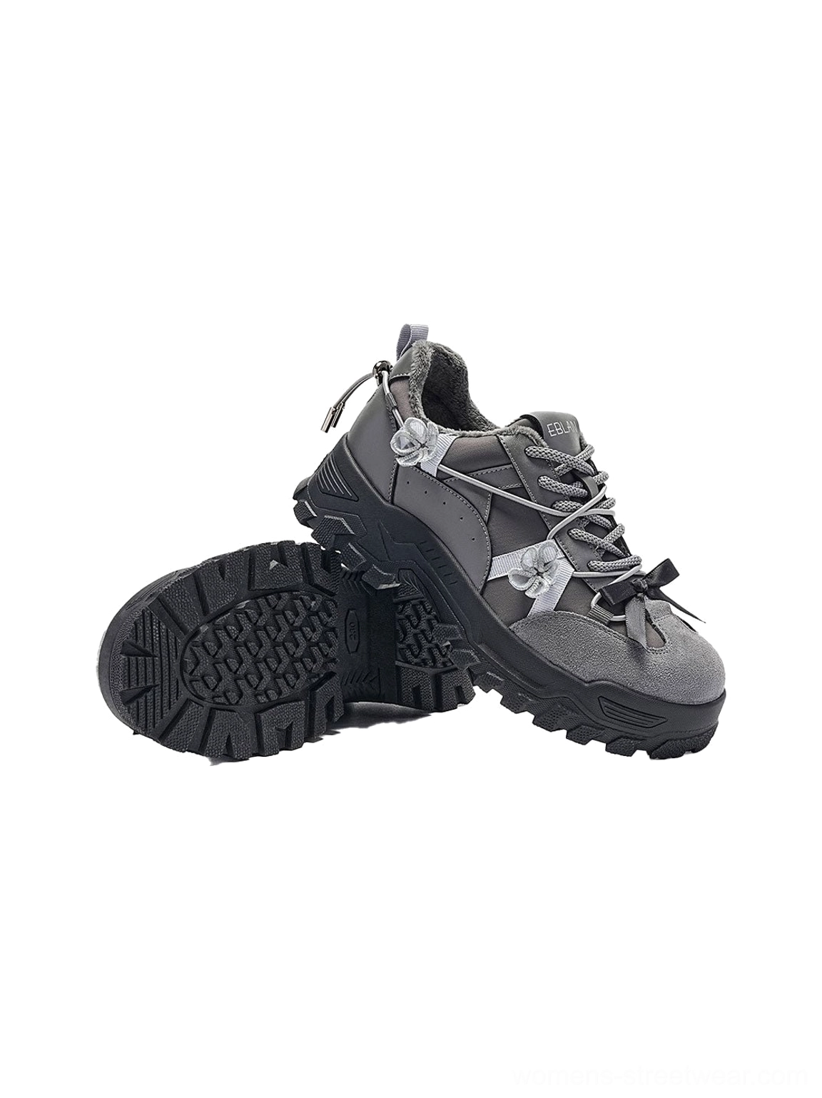 Sakura plush chunky trail sneakers with metallic grey finish floral accents plush interior and avant garde East Asian streetwear design