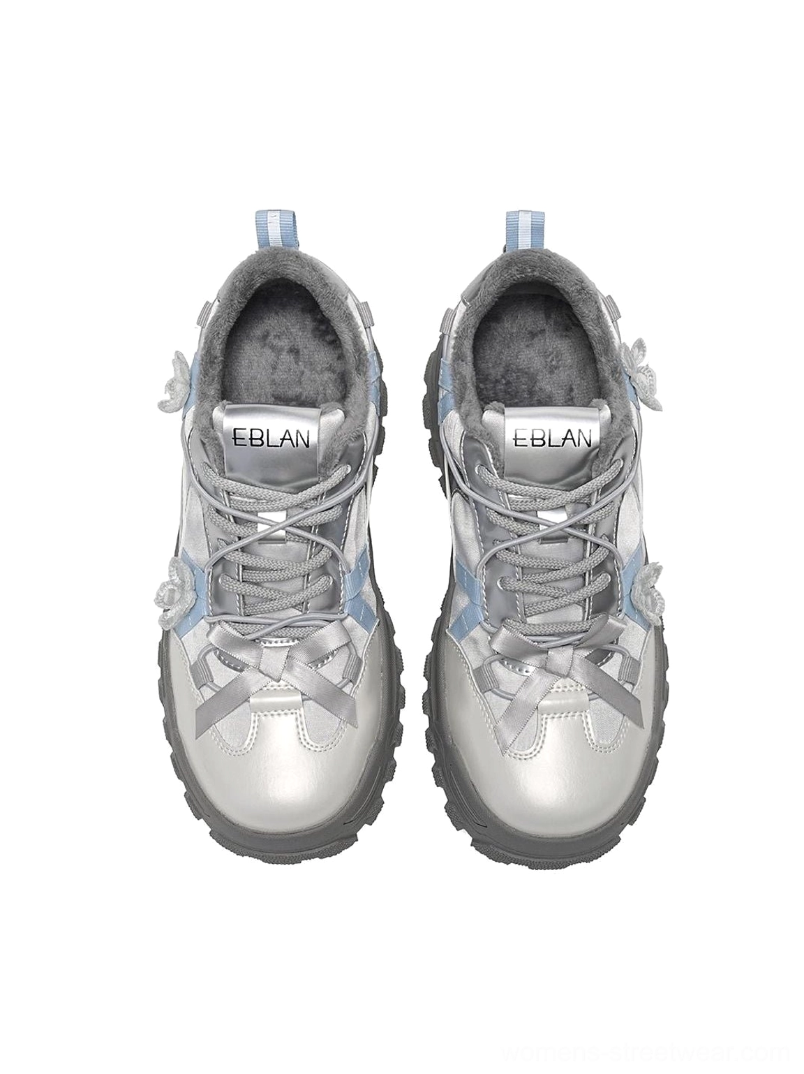 Top view of silver plush lined chunky trail sneakers with floral ribbon lace decorations detailed insoles and futuristic Seoul streetwear styling
