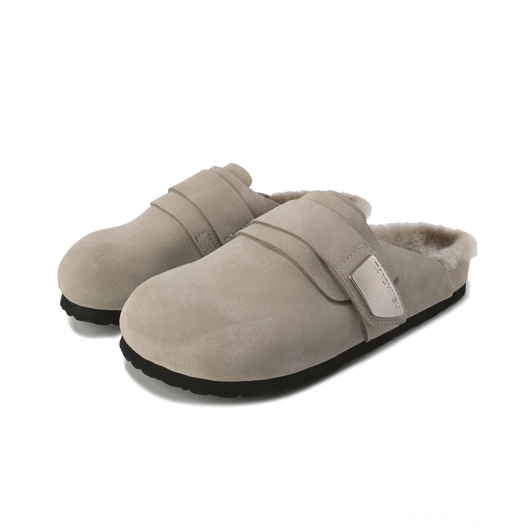 Sand fleece-lined closed-toe suede mule sandals with adjustable buckle strap and casual streetwear styling