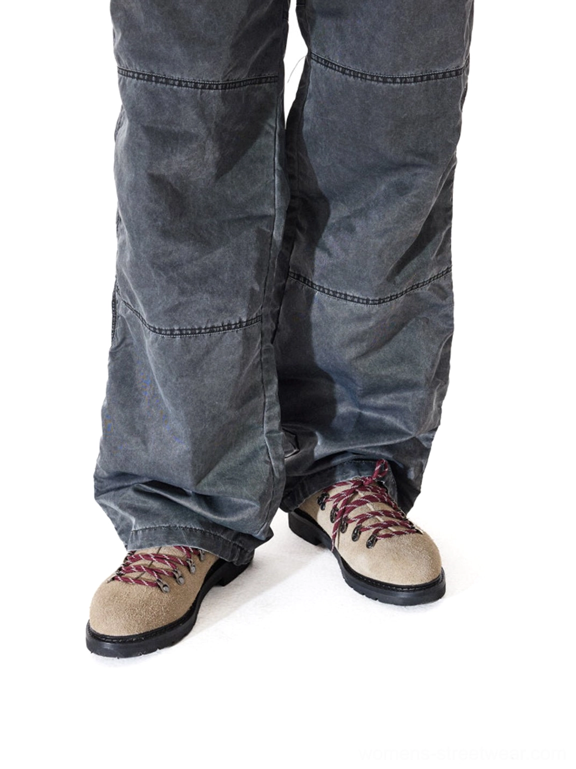 Front on-foot view of sand nubuck derby shoes with hiking laces styled with dark grey cargo pants