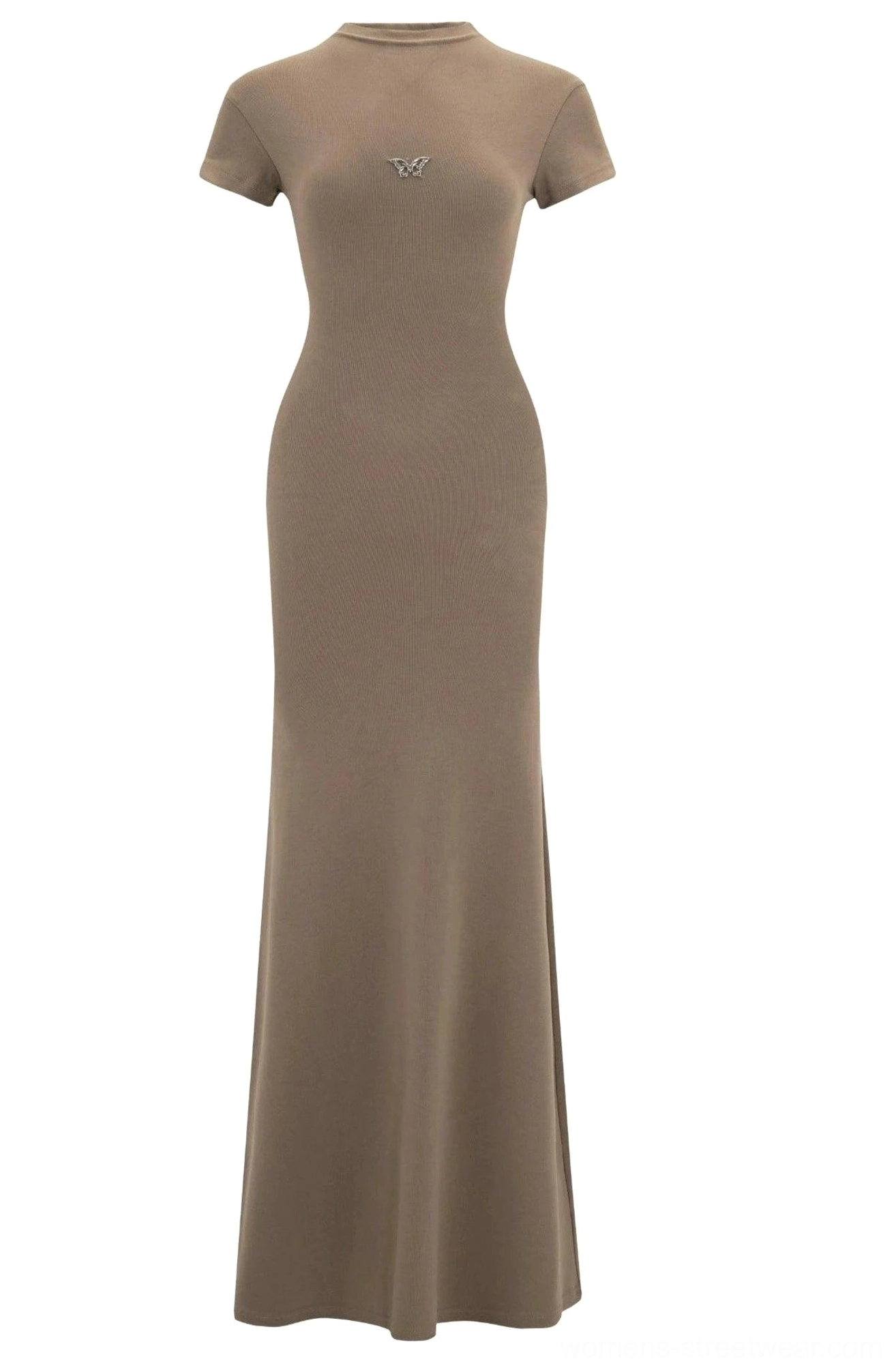 Sand taupe fitted maxi dress flat lay with mock neck short sleeves and floor length fishtail silhouette