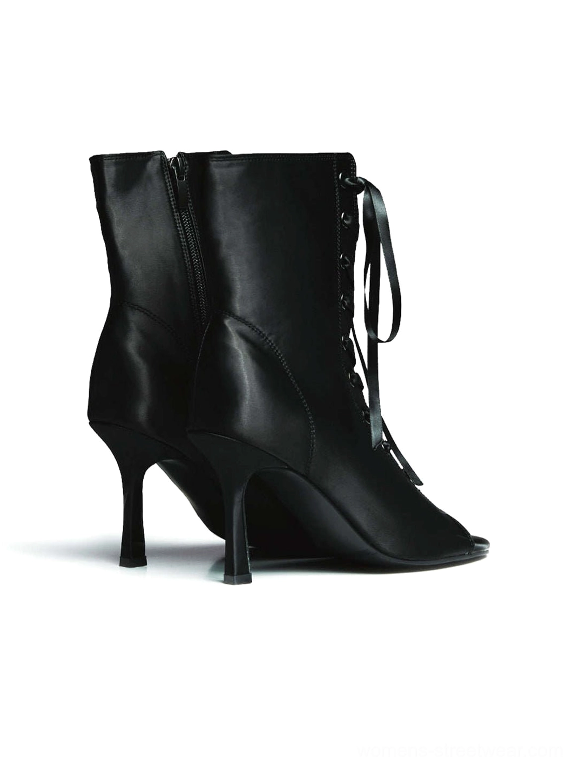 Satin ankle bootie heels with decorative lace-up front, peep-toe opening, and elegant stiletto lift