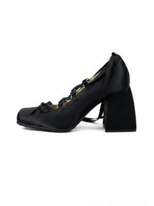 Black satin bow lace-up Mary Jane pumps with square toe, 9 cm block heel, low platform, and crisscross ribbon laces shown in side profile