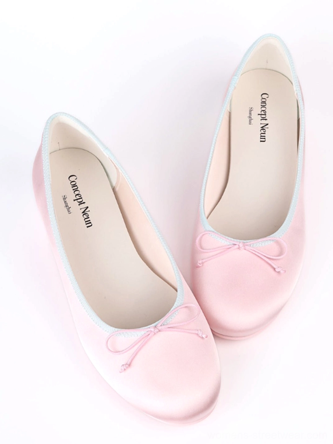 Pastel satin bow low block heel ballet pumps showing feminine balletcore shoe styling details