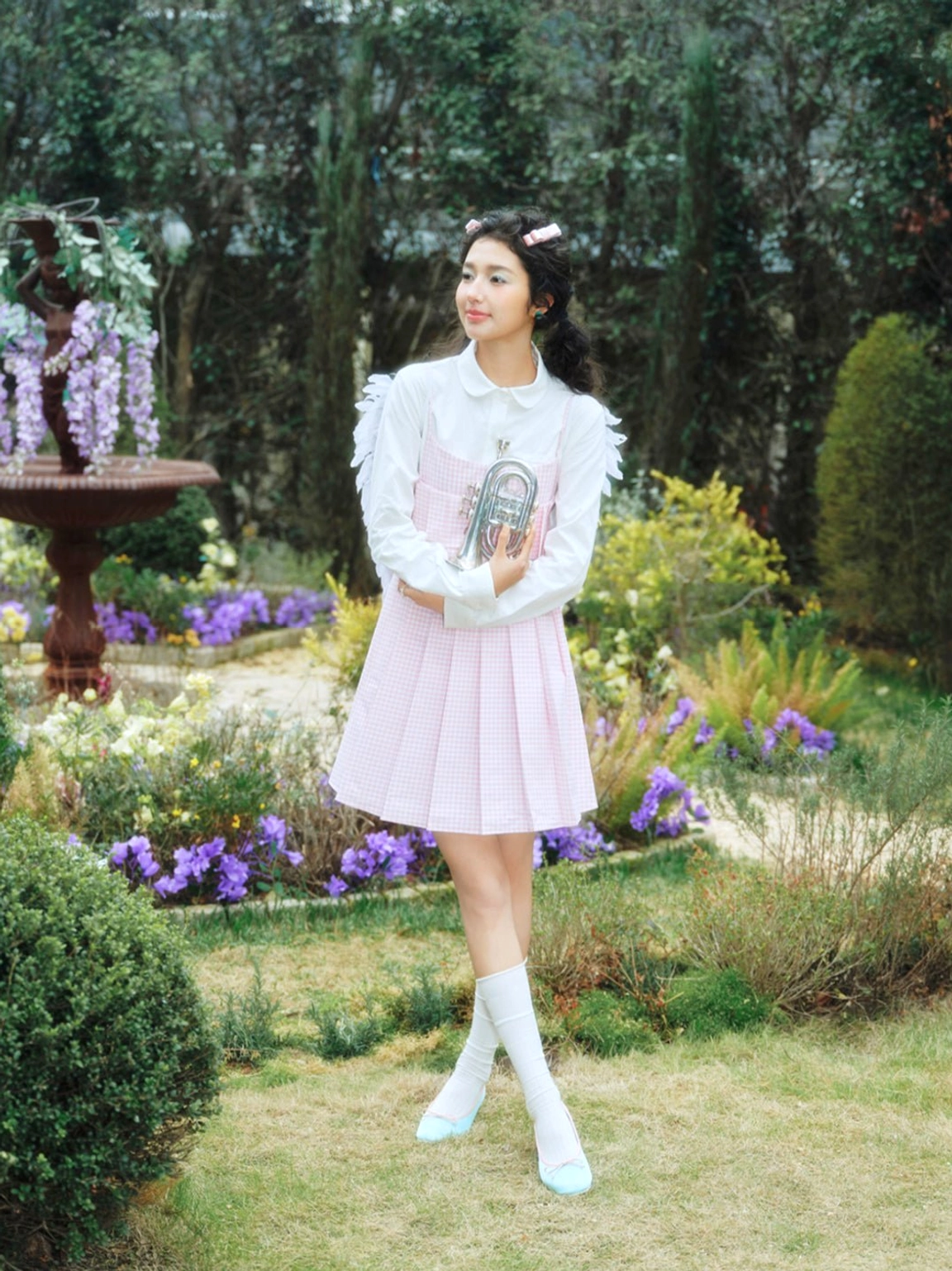 Front full-body garden styling view featuring light blue satin bow low block heel ballet pumps