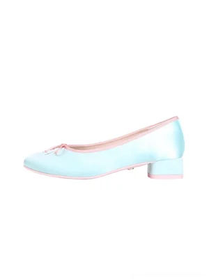 Light blue satin bow low block heel ballet pumps with pink contrast trim shown in left side product view