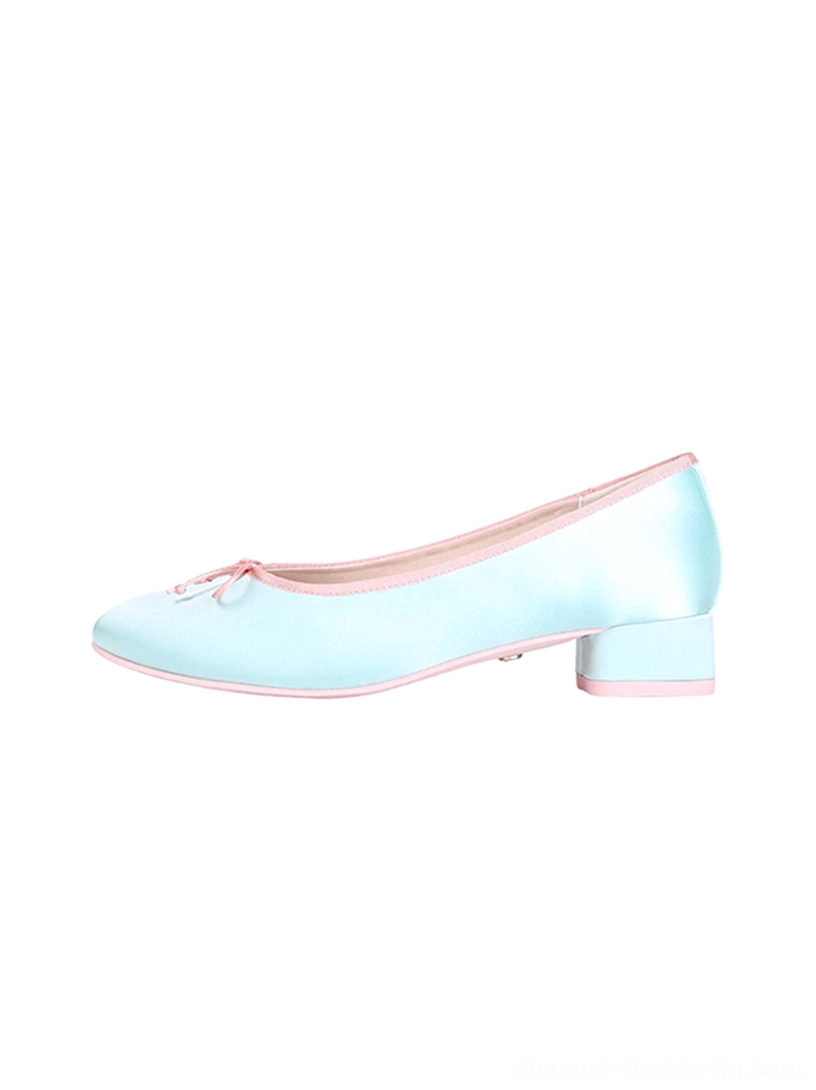 Light blue satin bow low block heel ballet pumps with pink contrast trim shown in left side product view