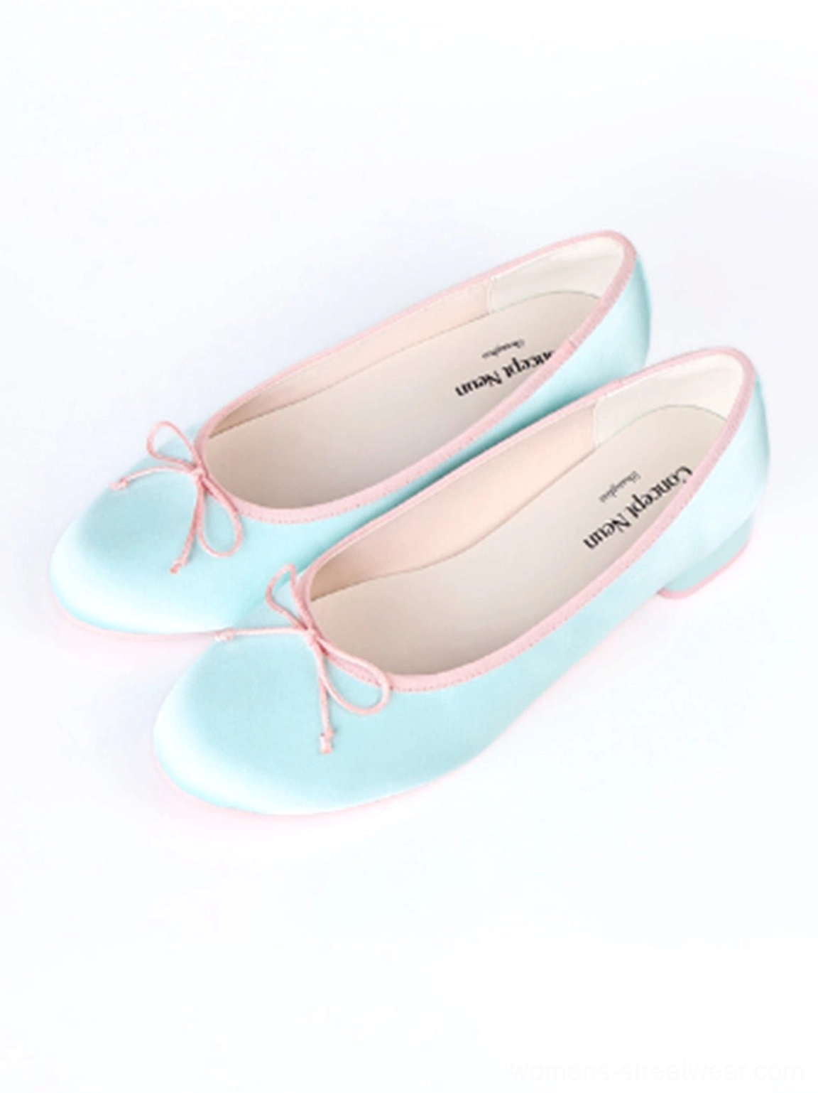 Top view of light blue satin bow low block heel ballet pumps with pink piping and matching bow detail