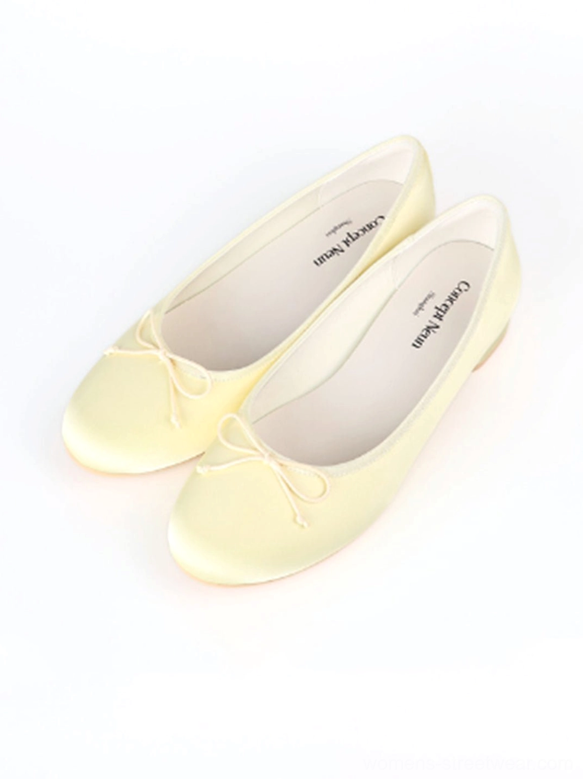 Satin bow low block heel ballet pumps in pastel colors fashion product display view