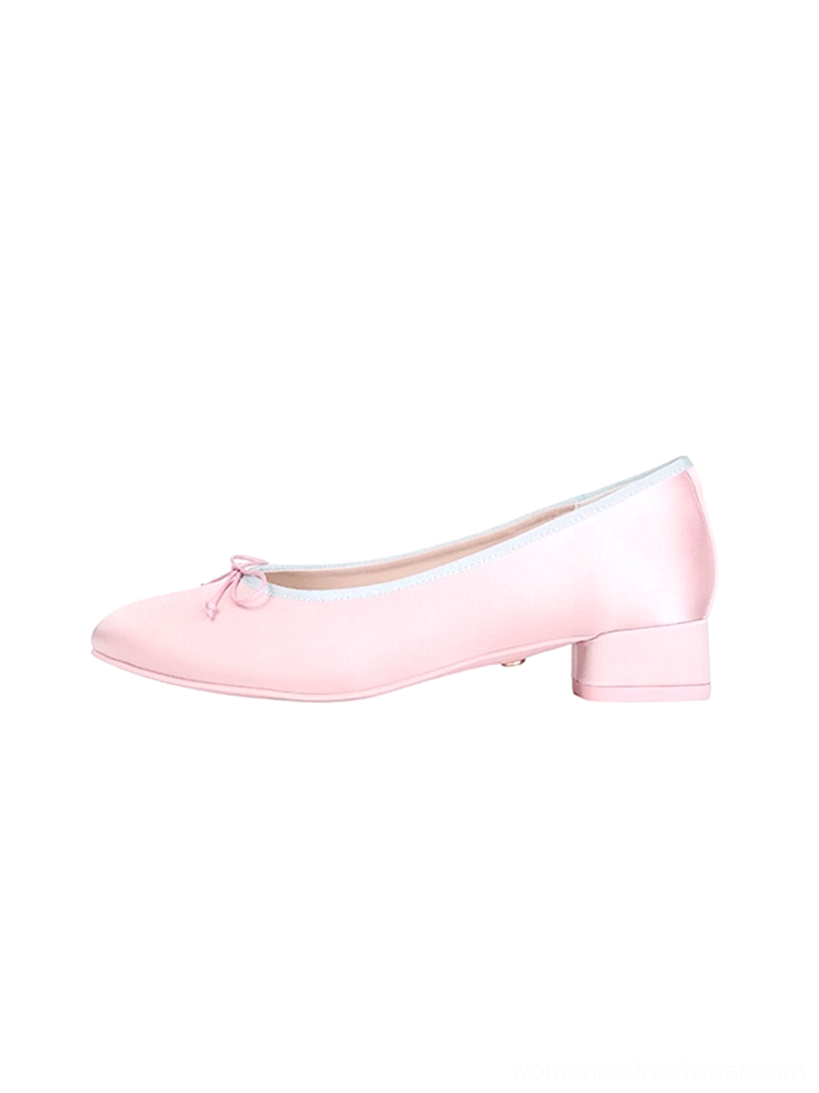Pink satin bow low block heel ballet pumps shown in clean left side standalone product view