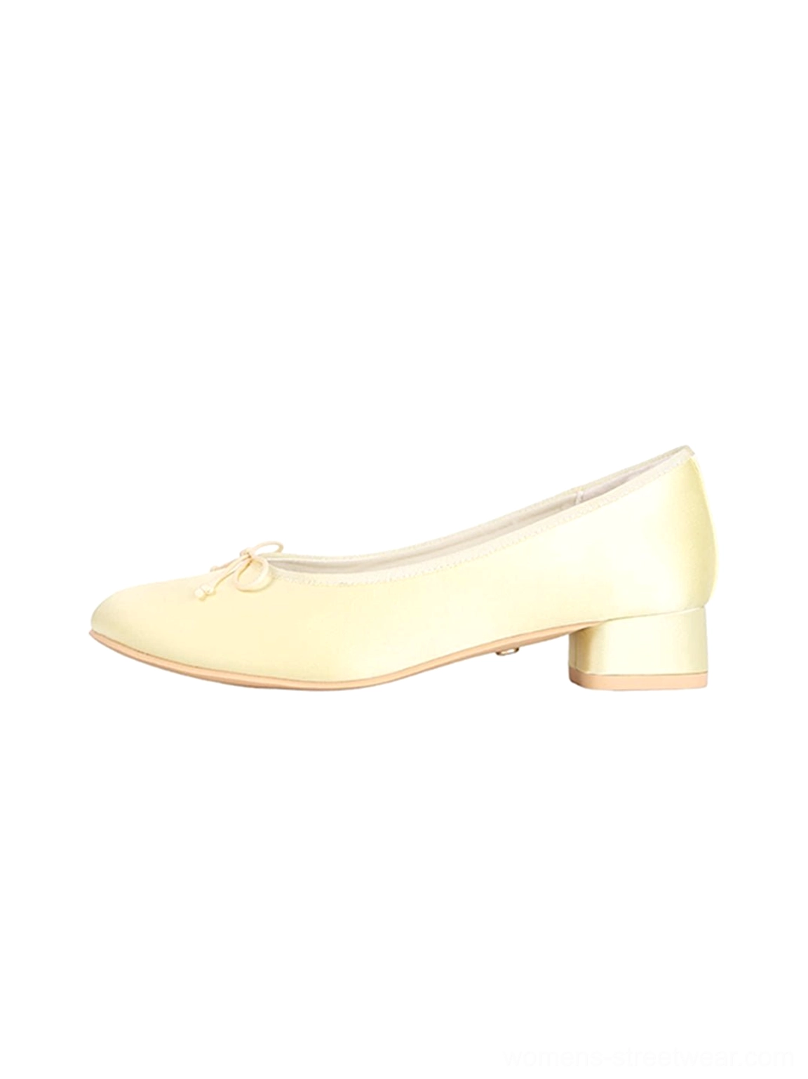 Satin bow low block heel ballet pumps textile upper and petite bow close-up product view