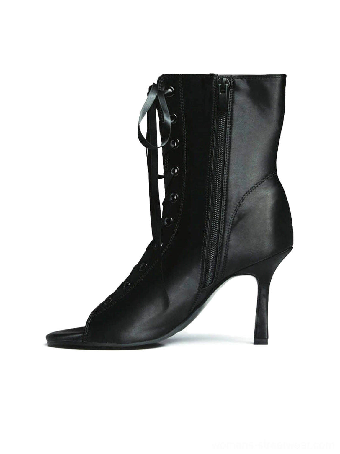 Satin lace-up peep-toe ankle stiletto heels available in multiple heel heights for women's fashion
