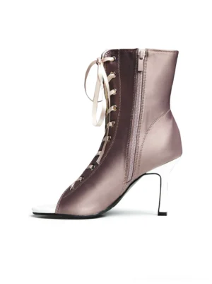 Dusty rose satin lace-up peep-toe ankle stiletto heel shown in side profile with white toe trim and side zipper