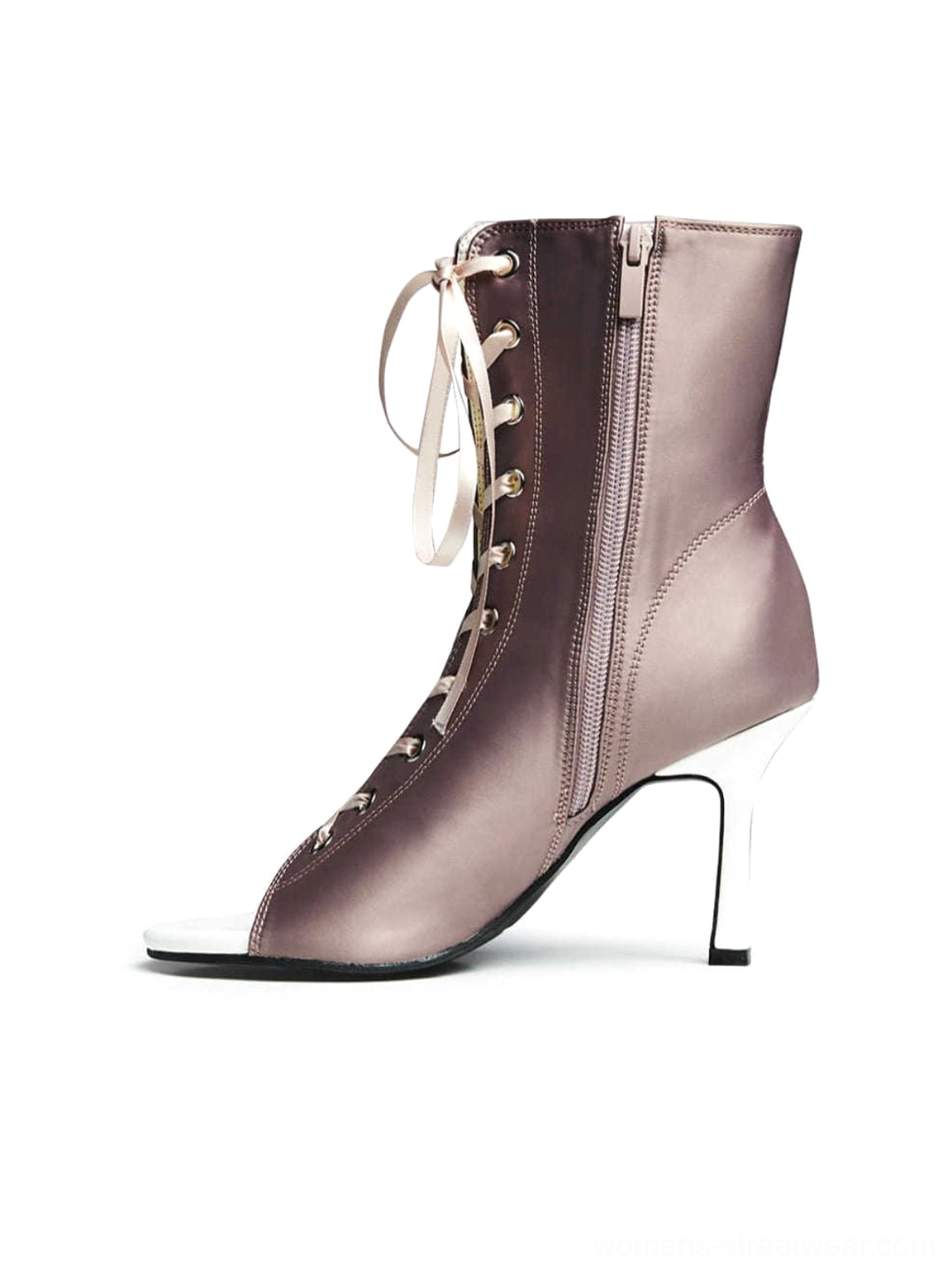 Dusty rose satin lace-up peep-toe ankle stiletto heel shown in side profile with white toe trim and side zipper