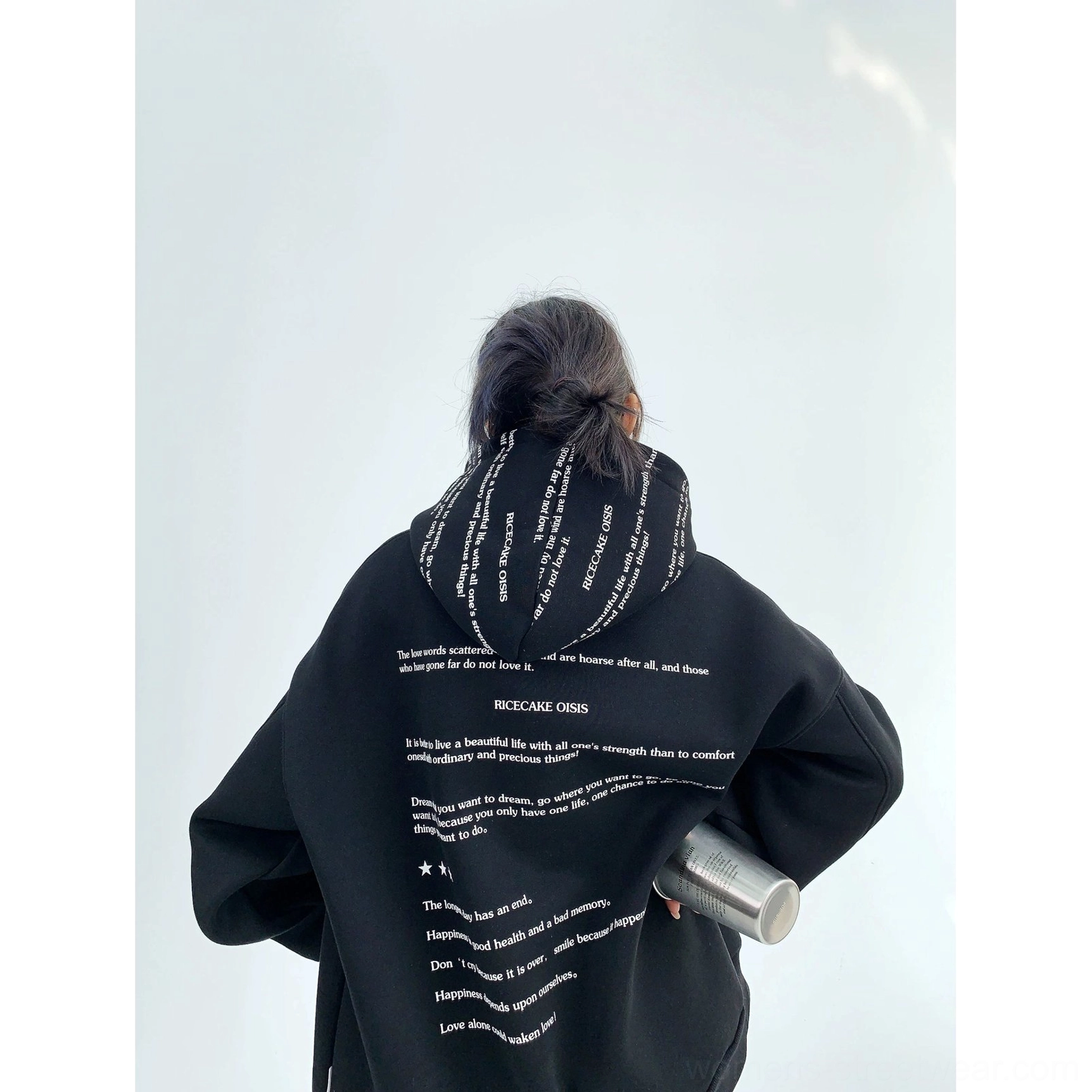 Black script print oversized drop shoulder fleece hoodie product color view with bold white text graphics