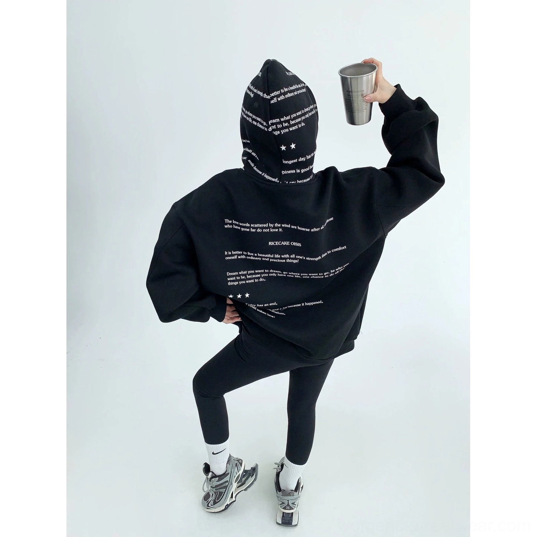 Script print oversized drop shoulder fleece hoodie detailed product view with graphic streetwear typography
