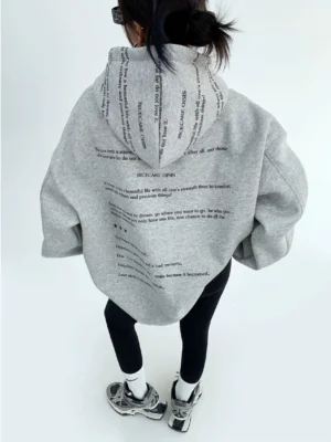 Heather gray script print oversized drop shoulder fleece hoodie back view with graphic text hood and full back typography