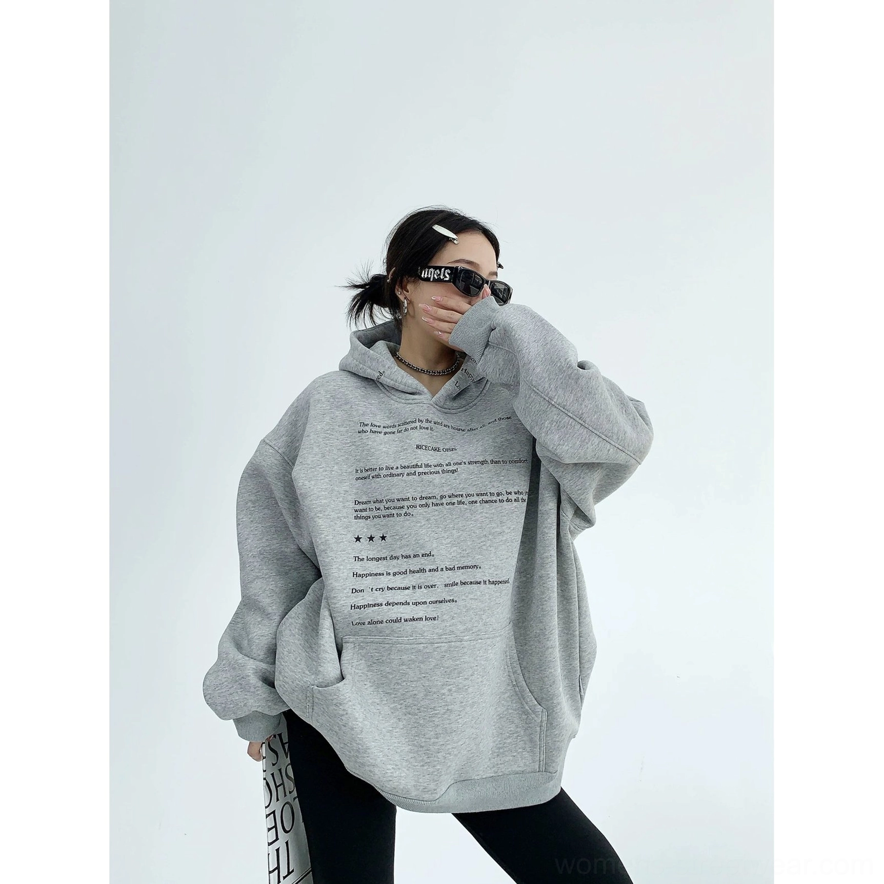 Heather gray script print oversized drop shoulder fleece hoodie product color view with relaxed streetwear silhouette