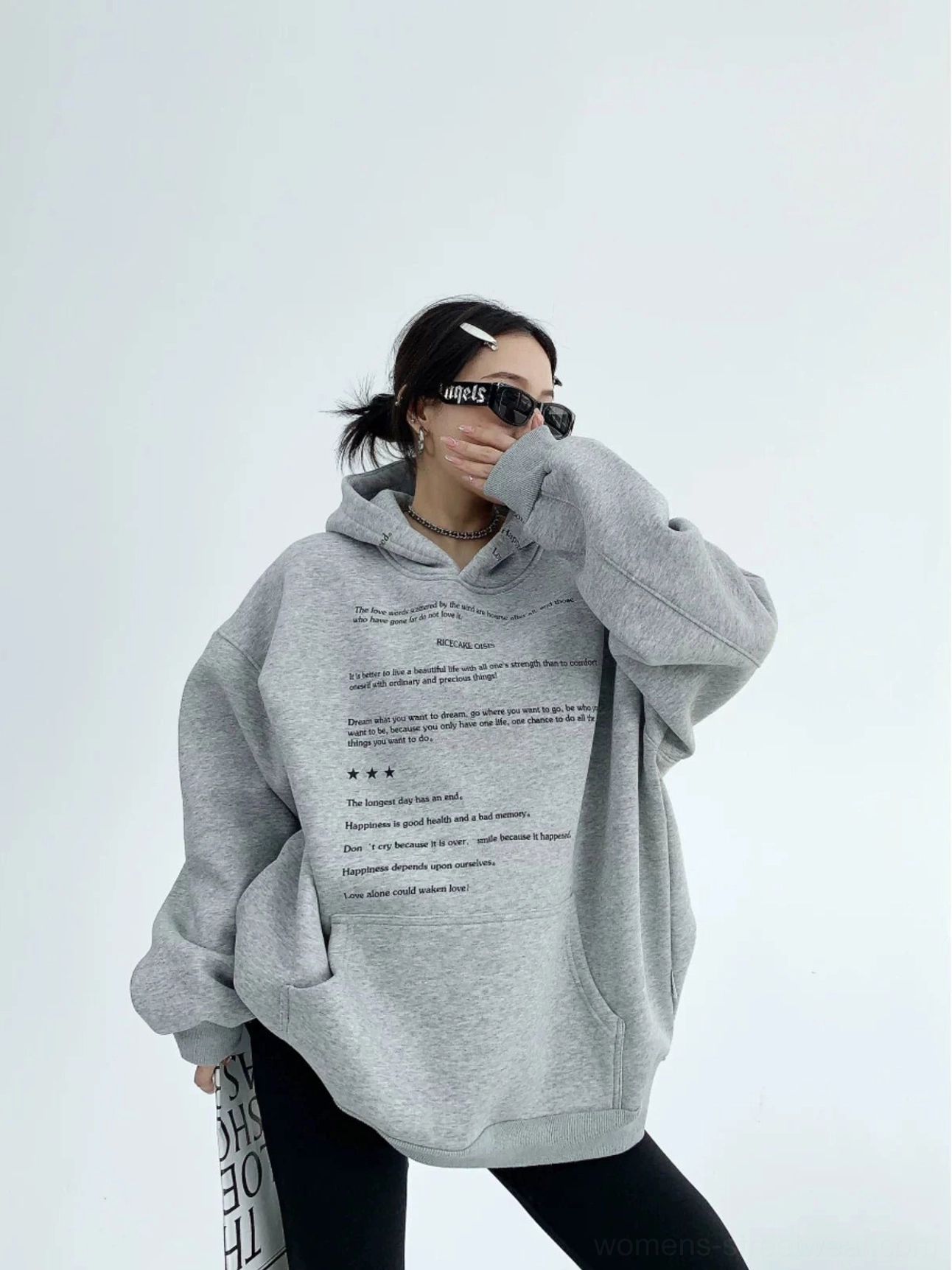 Heather gray oversized script print fleece hoodie front view featuring relaxed streetwear fit and kangaroo pocket