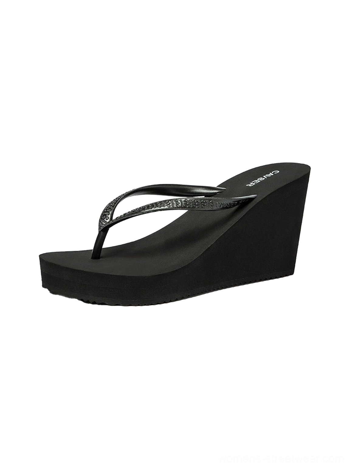 Front view of black sculpted platform wedge toe-ring flip-flops with glitter thong straps