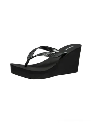 Black sculpted platform wedge toe-ring flip-flops with glitter thong straps shown in side front product view