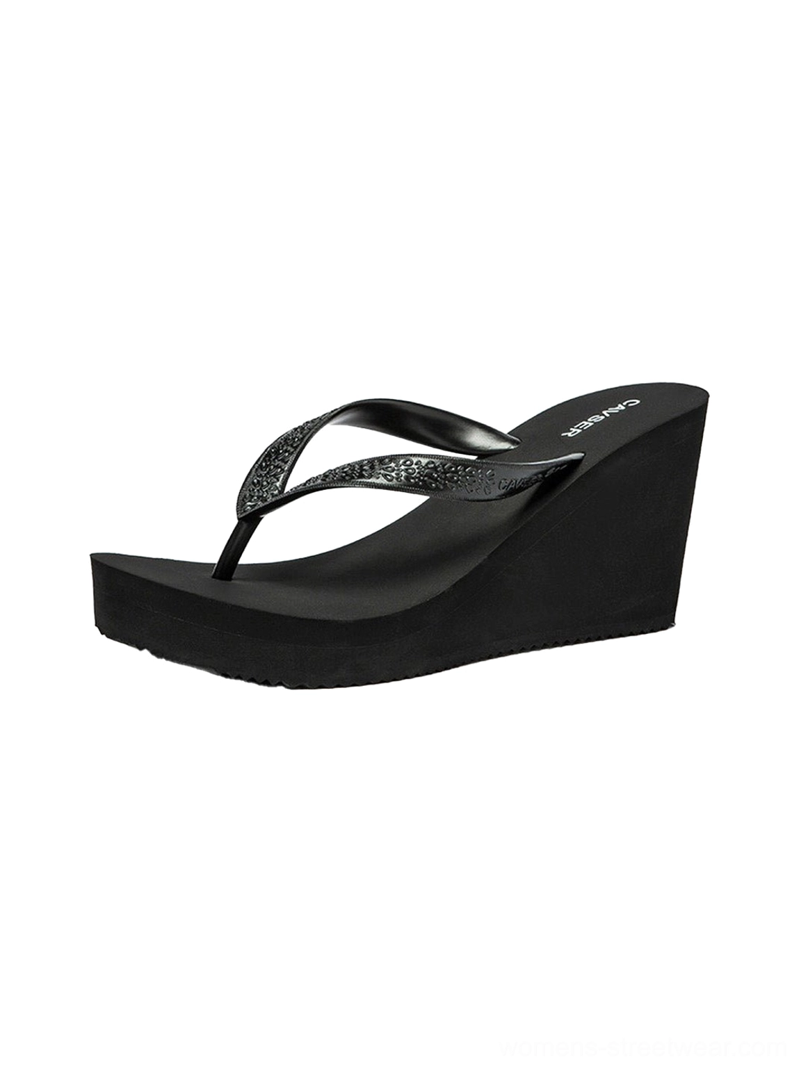 Black sculpted platform wedge toe-ring flip-flops with glitter thong straps shown in side front product view