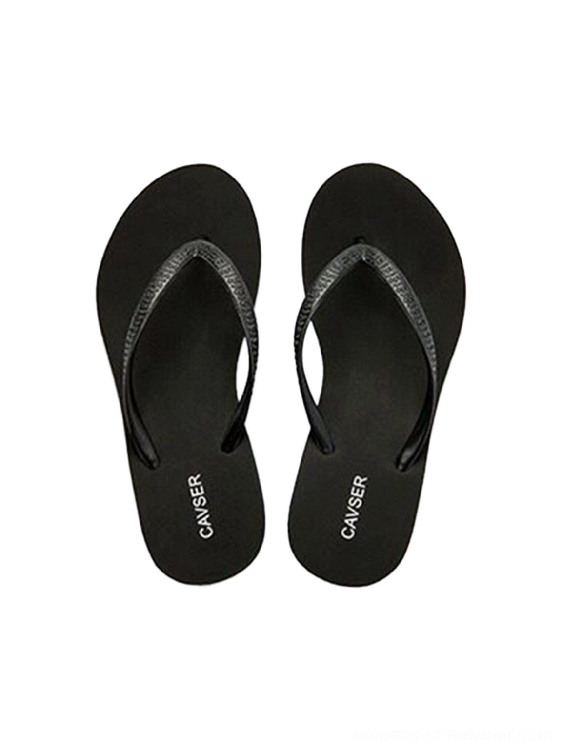 Black thin strap flat flip-flops shown as an alternative minimalist toe-post sandal style