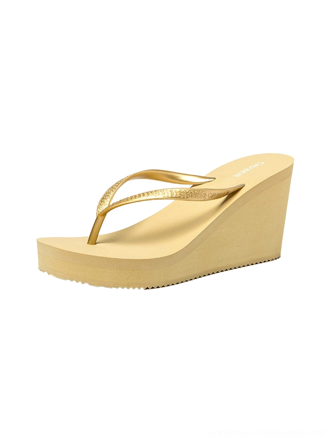 Women’s high-wedge toe-ring flip-flops featuring a sculptural sole and minimalist straps