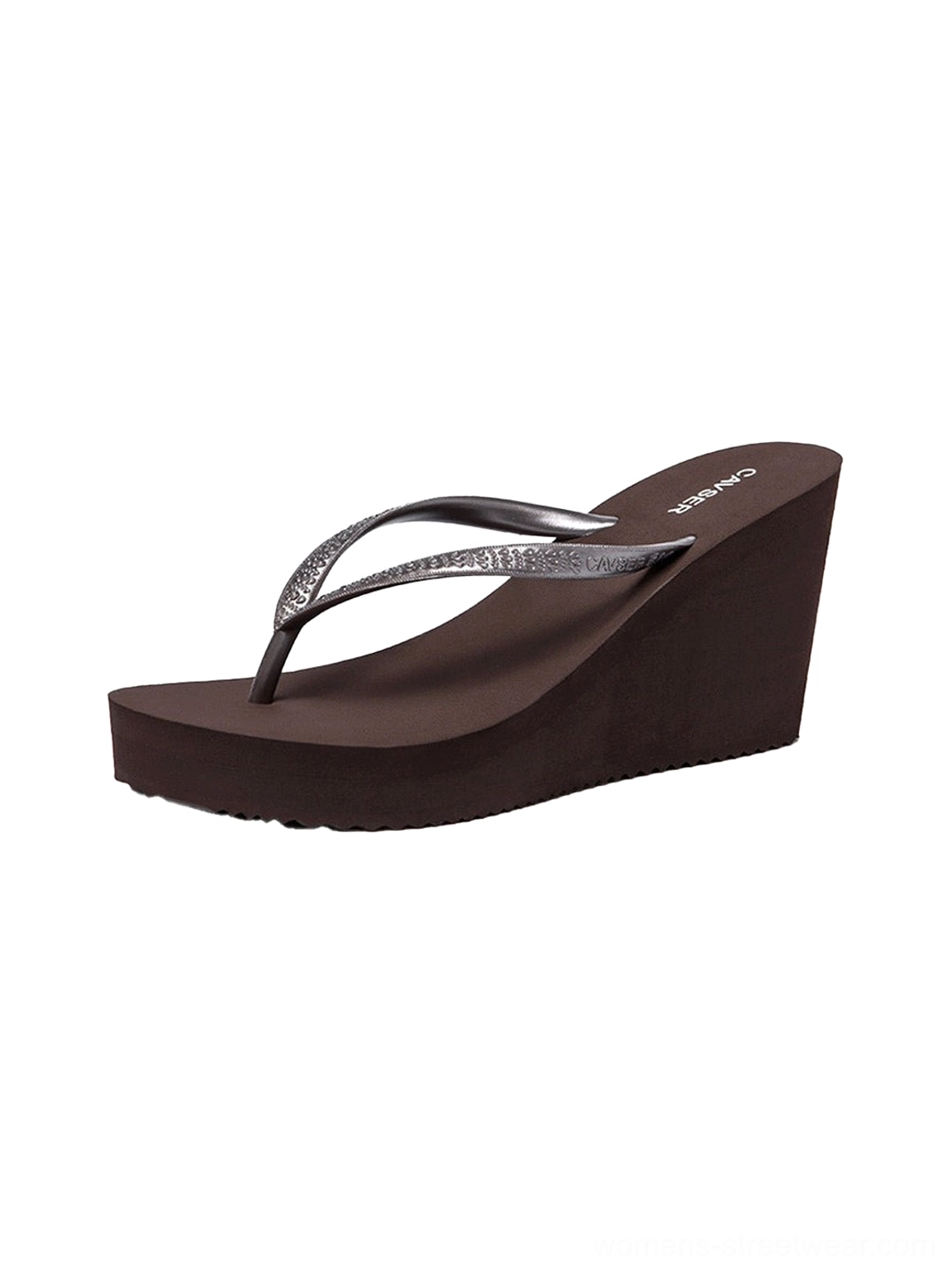 Women’s toe-ring platform wedge flip-flops with a smooth rubber footbed and curved sole